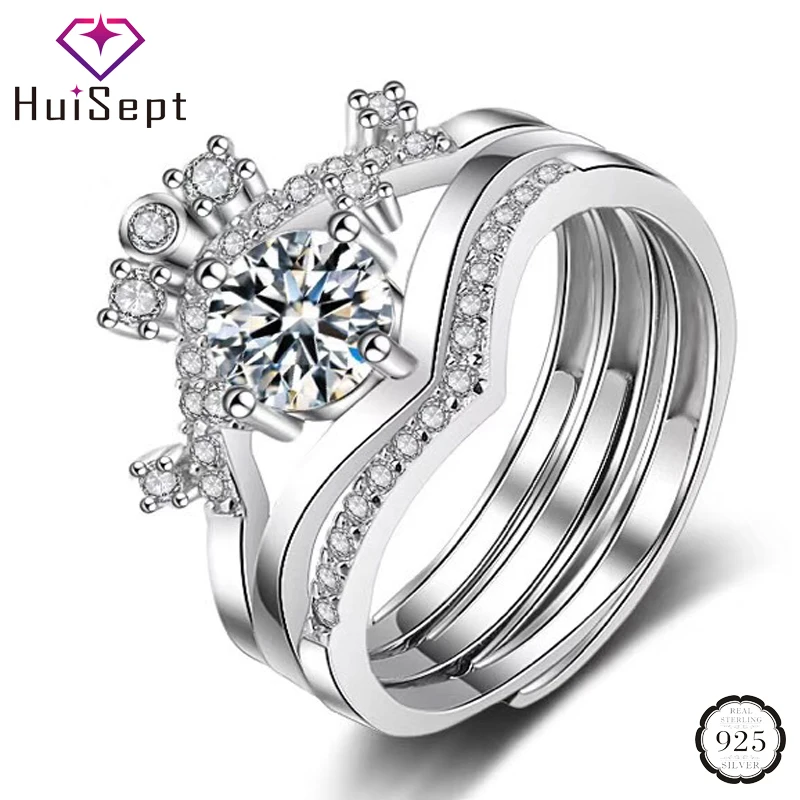 

HuiSept Fashion 925 Silver Jewelry Rings Crown Shaped Zircon Gemstones 3 in 1 Open Ring for Female Wedding Party Gifts wholesale