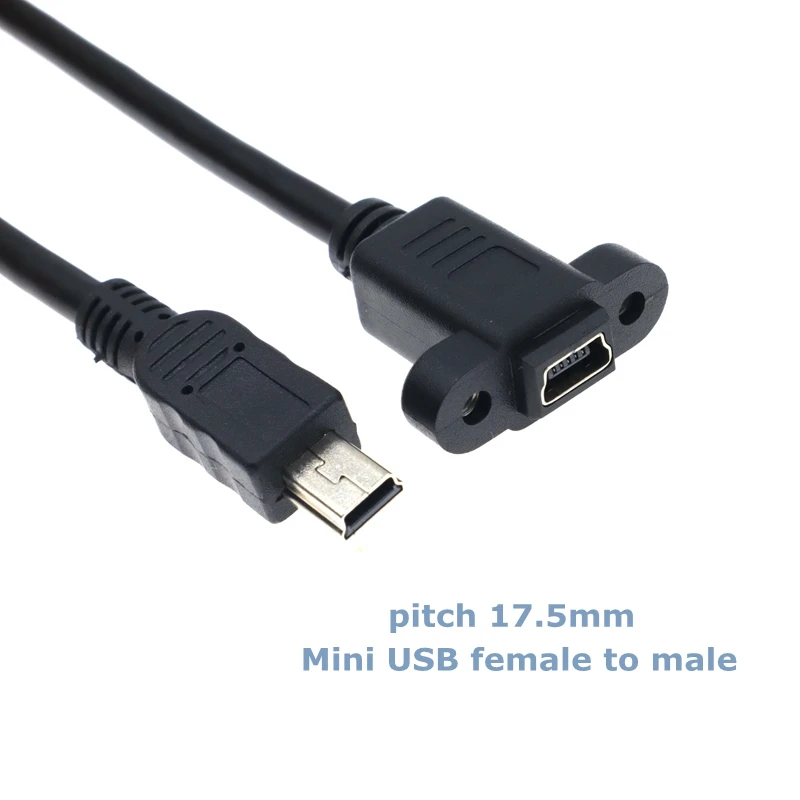 

25cm Mini USB 2.0 Male to Mini 5Pin Female Extension Cable Pitch 17.5mm With Screw Panel Mounting Hole for T-mount Car Adapter