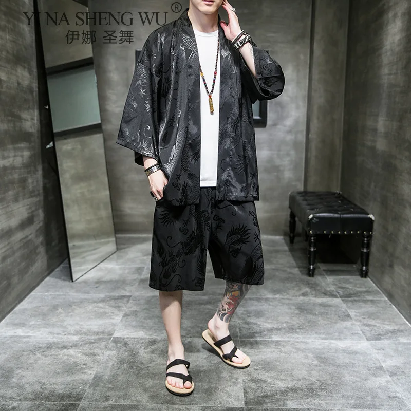 Summer Traditional Japanese Clothing Kimono Coat+Shorts Men Retro Yukata Asian Fashion Kimono Suit Harajuku Hanfu Yukata Jacket