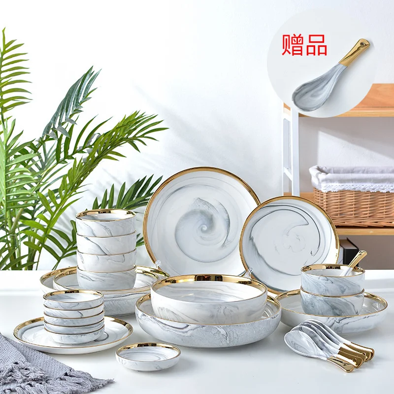 20pcs Pink/Grey Marble Ceramic Dinnerware Set Rice Salad Noodles Bowl Soup charge Plates Dish Kitchen Tableware For Family Use