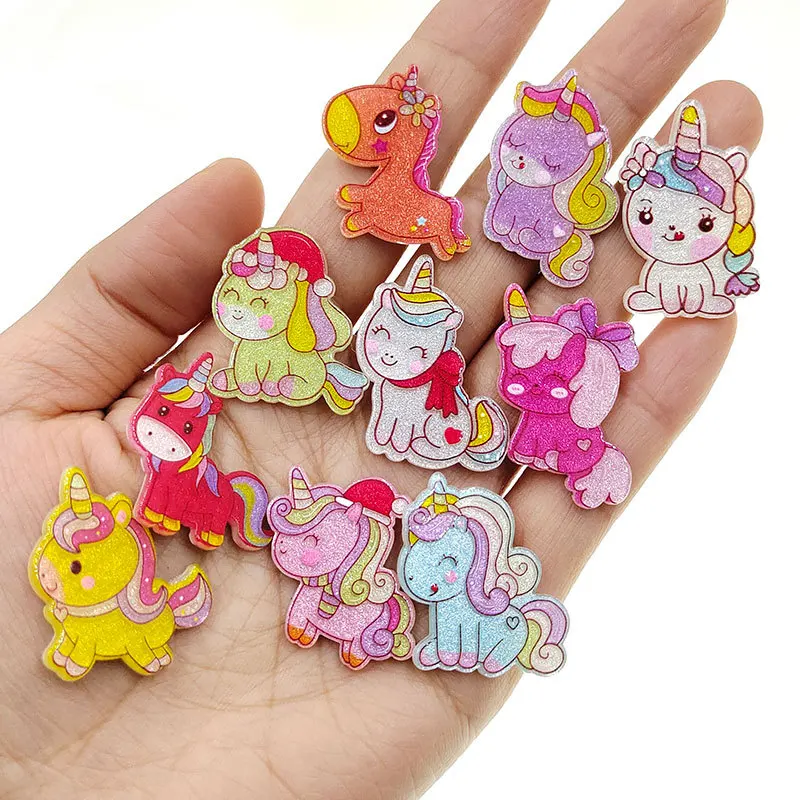 

100pcs/lot Acrylic painting planar resin unicorn cute cartoon glitter unicorn for diy decoration crafts phone hair accessories