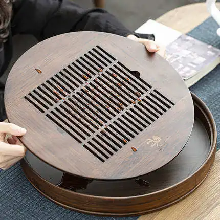 Peony Flower Round Tea Tray-Natural Bamboo Wood Tea tabl Tray Tea Set Board Bamboo Pu er Tea Tray Kitchen Accessories