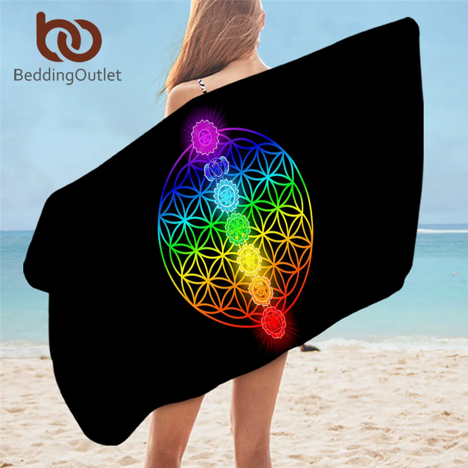 

BeddingOutlet Chakra Bath Towel Zen Theme Beach Towel Colorful Rectangle Bikini Cover-Up Mat Flower of Life Microfiber Towel 1pc