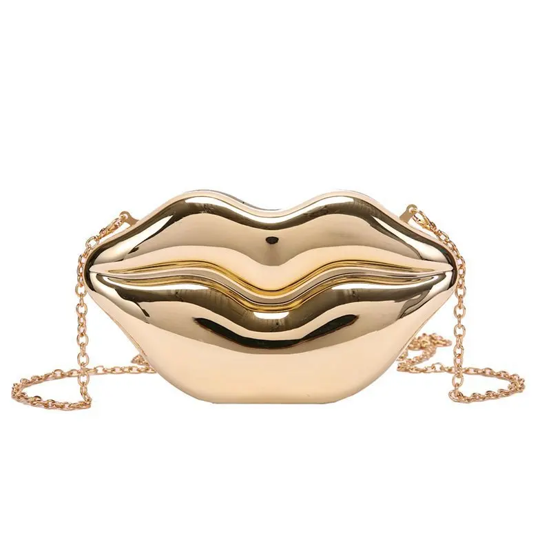 Women Gold Lips Clutch Bag High Quality Ladies Acrylic Chain Shoulder Bag Bolsa Evening Bag Lips Shape Purse