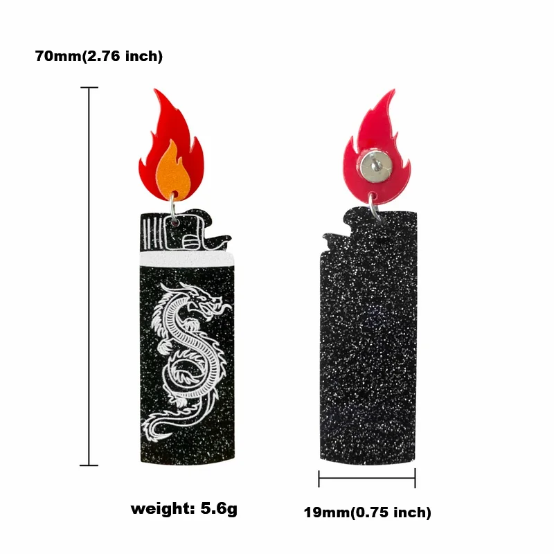 New Arrivals Black Pink Lighters Dragon Flowers Print Glitter Mirror Acrylic Flame Stud Earrings Creative Fashion Jewelry Gifts