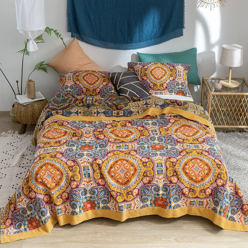 

Blanket Cool Soft Printed Five-layers Fiber Thin Cotton Quilt Luxury For Cooling Summer Couch Cover Bed Machine Wash Bedspread