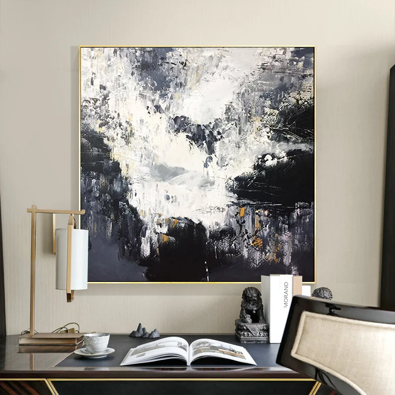 

Modern Hand-Painted Abstract Living Room Decorative Painting Black And White Ink Square Hanging Painting Entrance Restaurant Oil