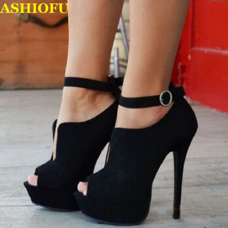 

ASHIOFU Handmade Ladies High Heel Pumps G-strap Peep-toe Party Prom Shoes Sexy Platform Large Size Black Evening Fashion Shoes