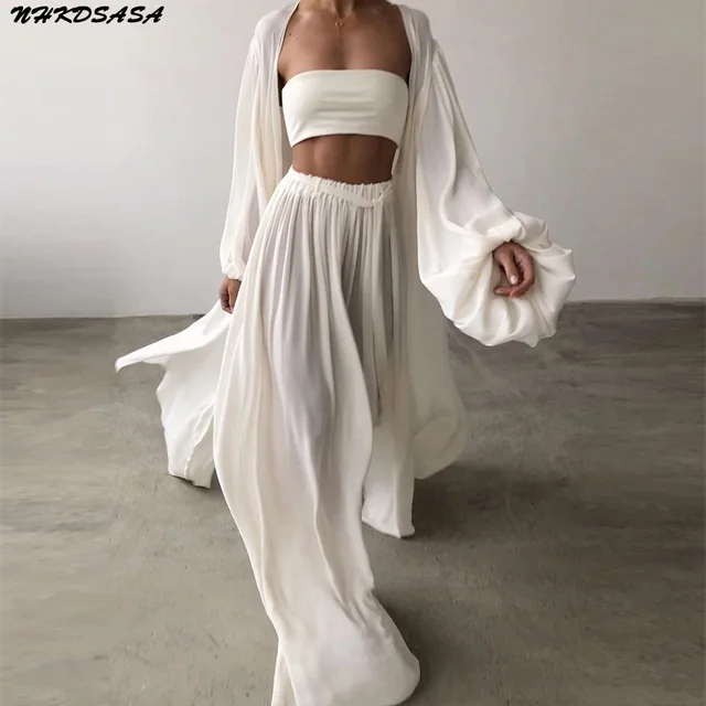 Kobiety 3 sztuka zestawy Homewear moda na co dzień latarnia rękaw sweter topy + spodnie szerokie nogawki garnitury pani wiosna miękkie trzy sztuka strój