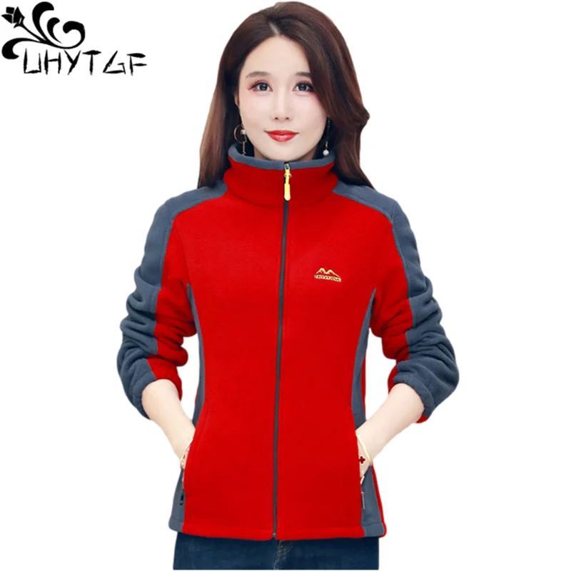 UHYTGF Elegant Mom Autumn Winter Jacket Female Polar Fleece Casual Warm Women Sweatshirt Long-Sleeved Zipper 5XLSize Outwear1432