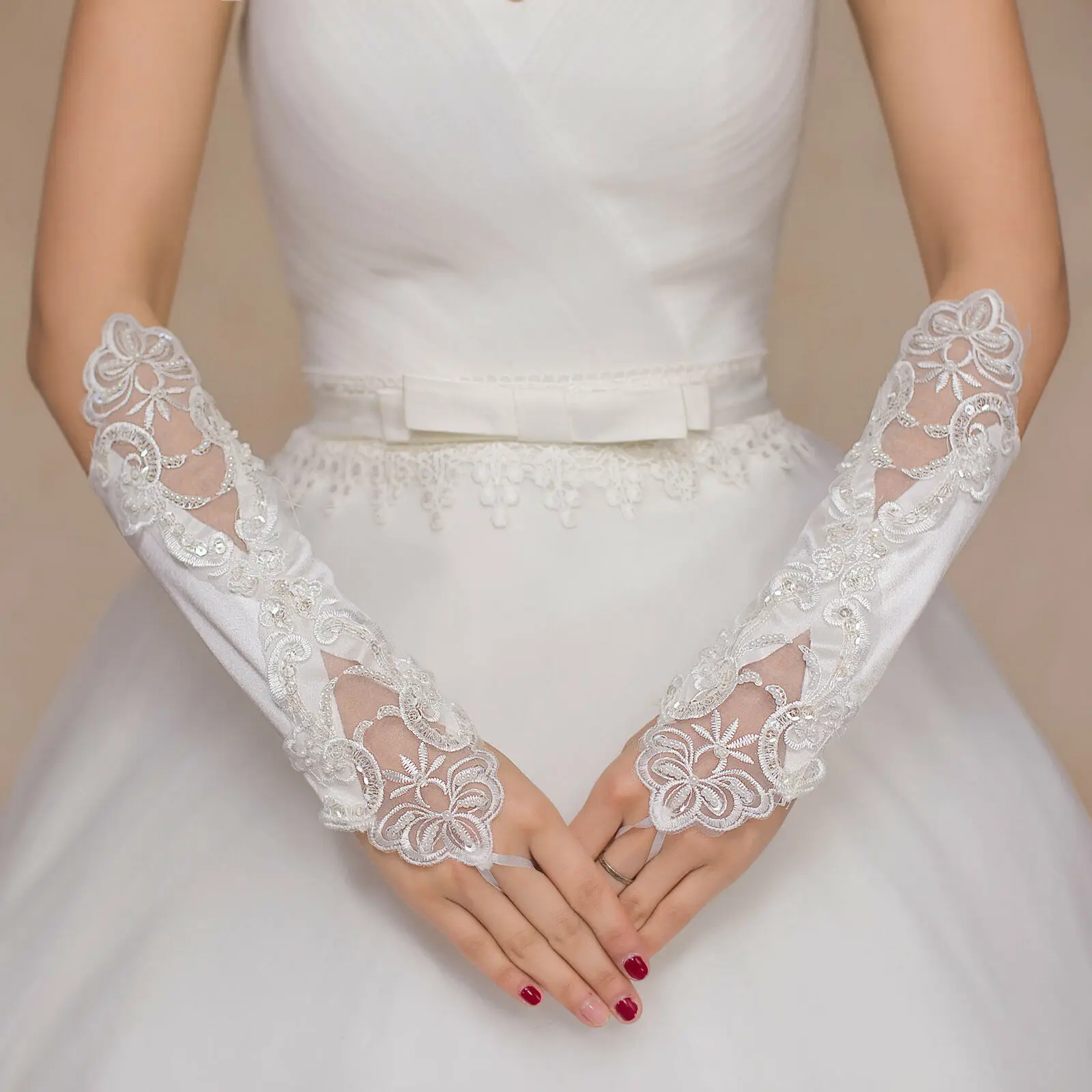 Guantes de novia de satén de encaje sin dedos para mujer, vestido de noche para fiesta de boda