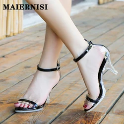 Solid One Word With High Heels Party Sandals Summer Sexy Nightclub Transparent Ladies Shoes New Crystal Thin Heel Women Shoes