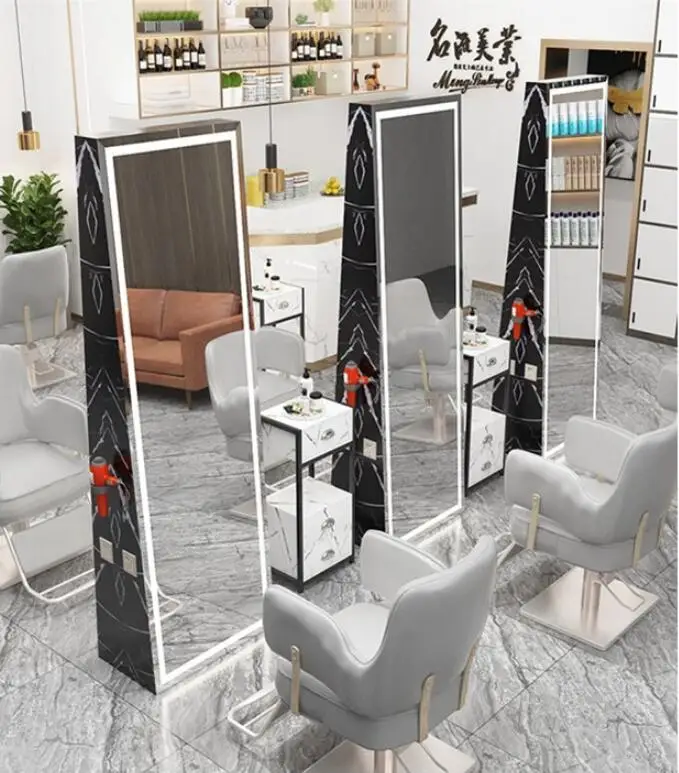 Single-side mirror barber shop floor-to-ceiling double-side dyeing and perm mirror table with lamp for hair cutting in hair salo