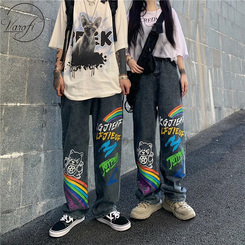 

Varofi Personality graffiti rainbow print straight leg pants women's plus size high waist loose jeans boyfriend jeans baggy jean