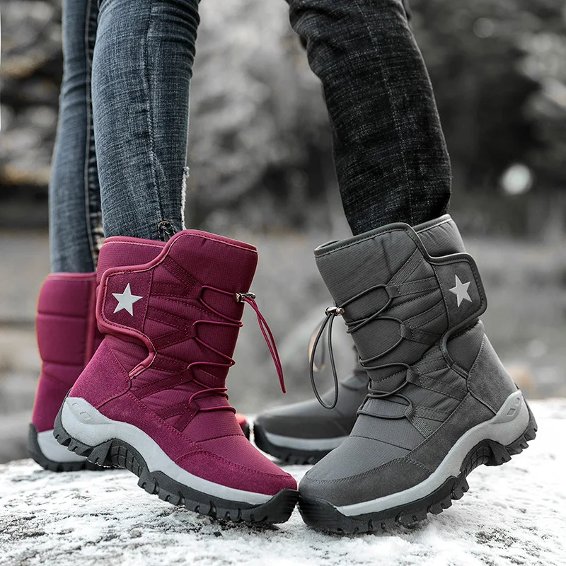 Winter Plus Velvet Warm Cotton Shoes Snow Boots Men Womens High-top Non-slip Waterproof Outdoor Hiking Skiing Fishing Shoes