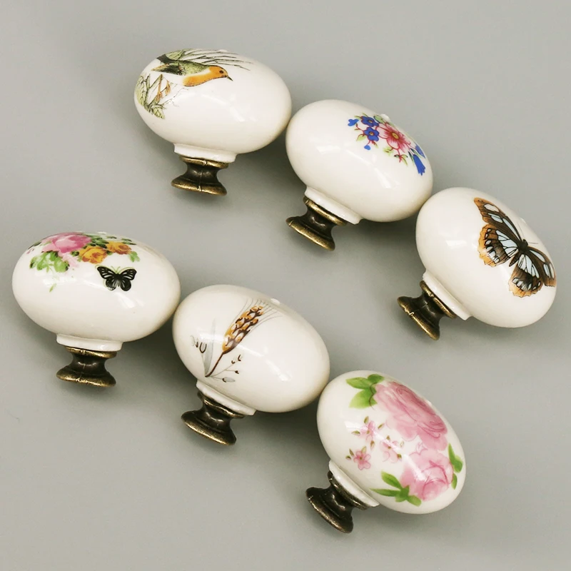 1PC Vintage Furniture handle Printed Ceramic Cabinet Knobs Drawer Pulls Cupboard Wardrobe Door Handle