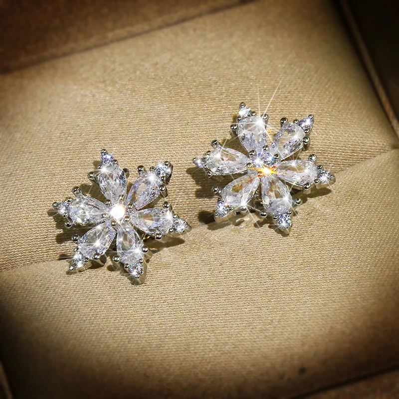 2022 NEW Trend Cute Crystal Snowflake Stud Earrings For Women White Gold Clear  Zircon Star Flower  Wedding  Jewelry