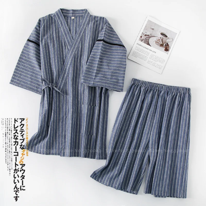 

Men Japanese Style Kimono Stripe Pajamas Set Summer Short Sleeve Yukata Tops Robe Shorts Pants Bathrobes Sleepwear Suit Homewear