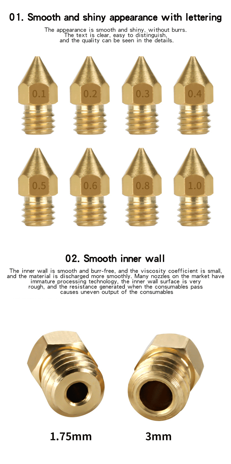 MK8 Brass Nozzle 0.1MM 0.2MM 0.3MM 0.4MM 0.5MM 0.6MM 0.8MM 1.0MM Extruder Print Head Nozzle Suitable For 1.75MM 3.0MM 3D Printer
