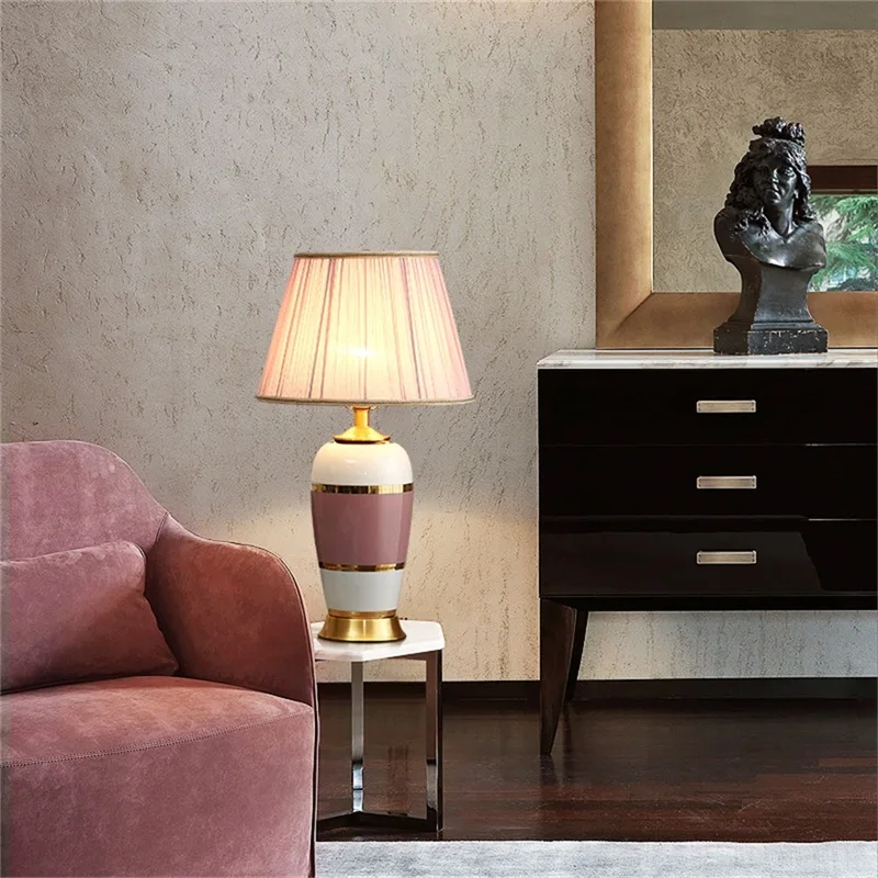 OURFENG Luxury Table Lamps For Bedroom Pink Ceramic Copper Desk Light Home LED Decorative For Living Room Office