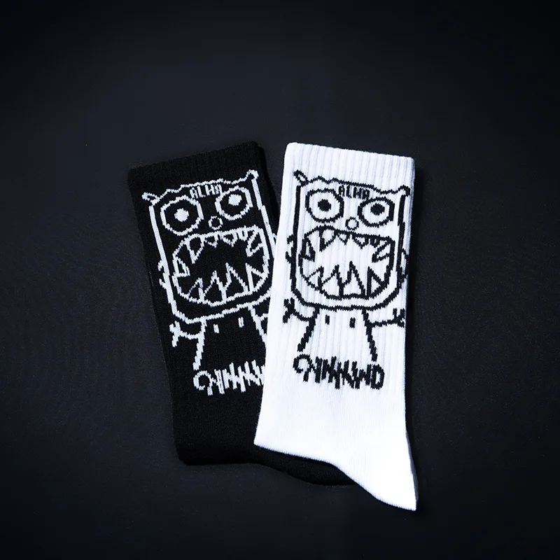 Cartoon Men Print Pattern White Black Hip Hop Breathable Mid Tube Socks Skateboard Short Socks Harajuku Mens Soks Calcetines Sox