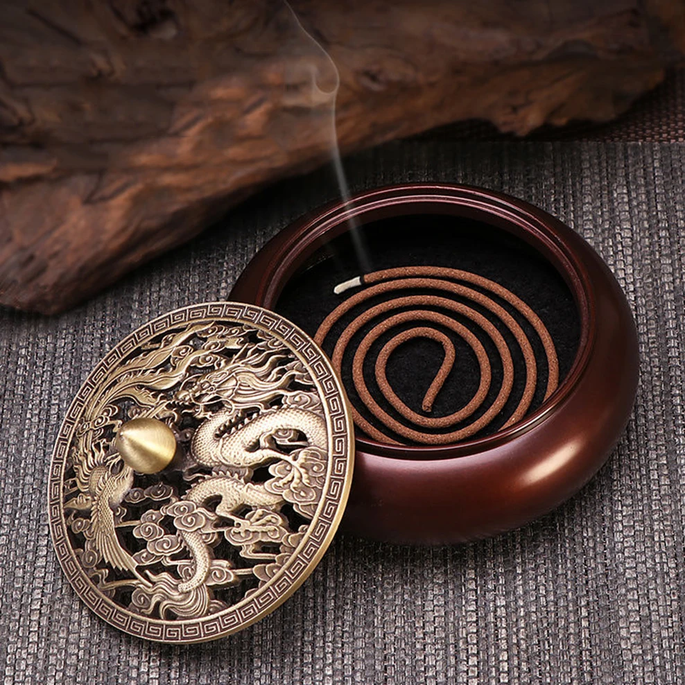 Copper Incense Burner with Wood Base, Flat Bottom Coil incense box, Sandalwood Burner, Home decorations aroma ornaments