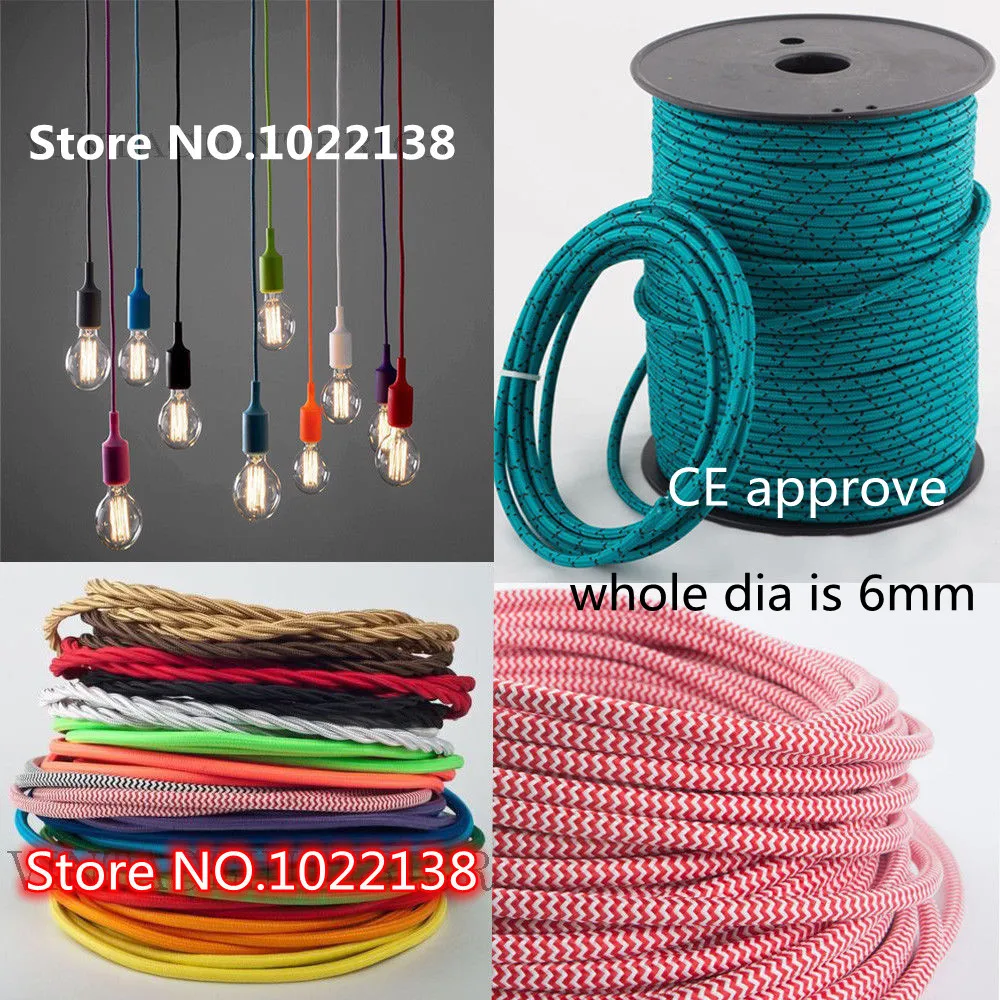 2m 3m 5m or 10m VDE Certified 2 Core Round Textile Electrical Wire Colorful Fabric Cable Flexible Vintage Lamp Power Cord