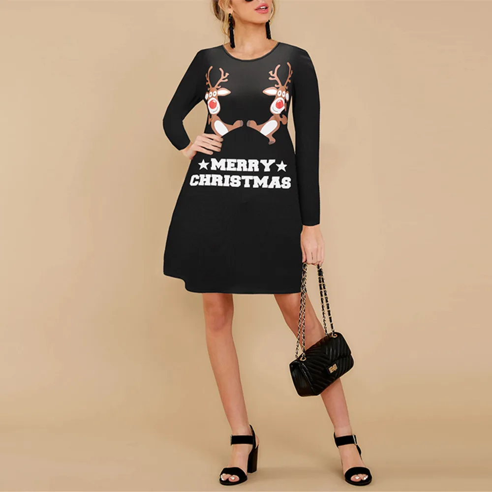 Christmas Print Dresses Women Winter Long Sleeve O-Neck Christmas Party Fashion Midi A-Line Black Cartoon Dress Femme Vestidos