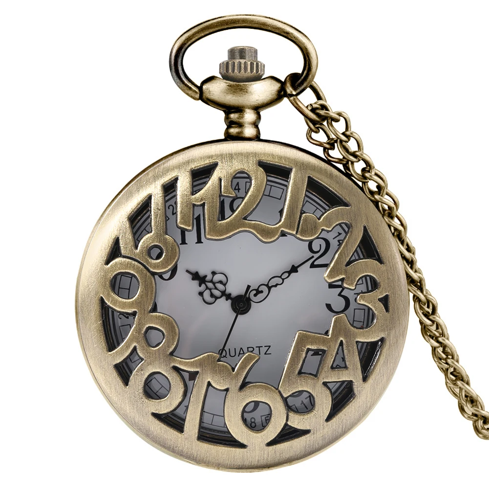 Hollow Design Bronze Irregular Arabic Numerals Quartz FOB Watches White Dial Digital Necklace Pocket Watch  Pendant Clock Gifts