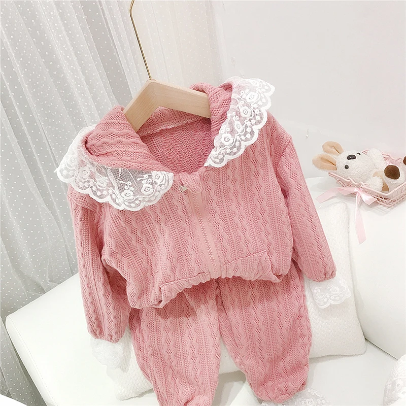 

Cute Baby Girls Knitted Sweaters Suit Kids Sweet Lace Patchwork Hooded Coat Tops+Pants 2Pcs Korean 2021 Children Clothes Sets