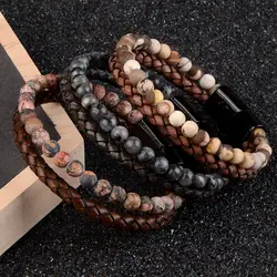 Stainless Steel Magnetic Clasp Leather Bracelet 6mm Tiger Eyes Handmade Braided High Quality Fashion Accessories For Men