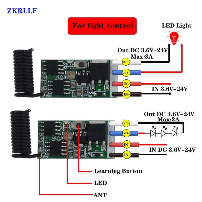 433mhz DC 1CH 3.6V 8V 12V 24V Mini Relay Wireless RF Remote Control Switch Power LED Lamp Controller Micro Receiver Transmitter