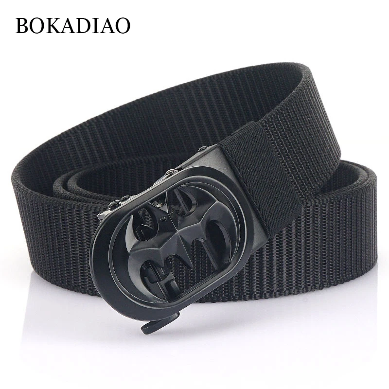 

BOKADIAO Men Nylon Belt Luxury Bat Metal Automatic Buckle Canvas Belts for Women Fashion Jeans Waistband Casual Male Strap Black