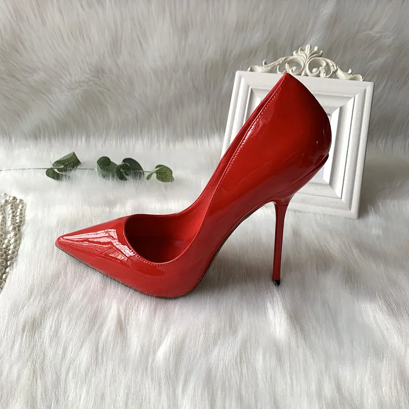 TOMONYE red patent pointed strange special thin heel women lady girl night club sexy heel shoes pump big small size 45,46