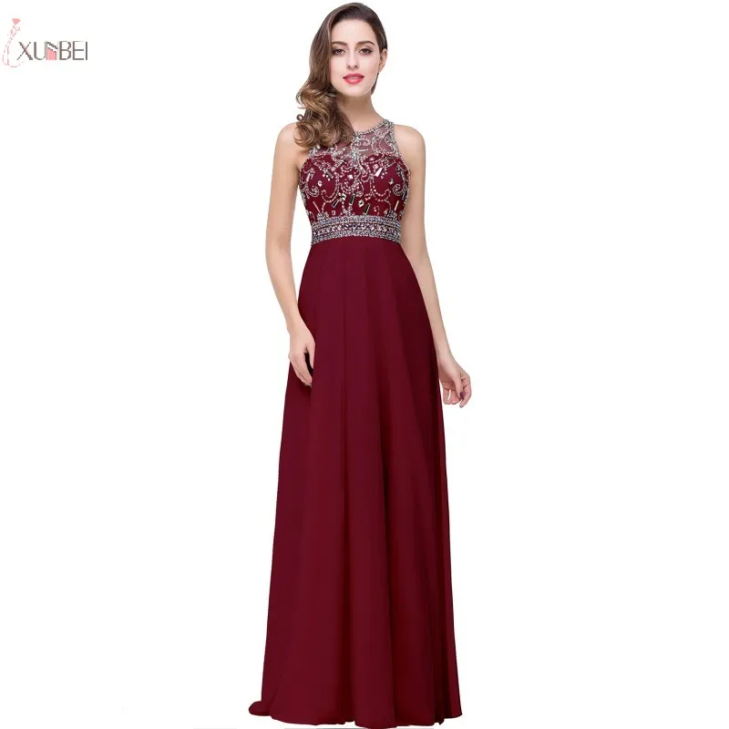 

Burgundy Chiffon Long Bridesmaid Dresses 2019 A line Rhinestone Wedding Party Guest Dress Sleeveless vestido madrinha