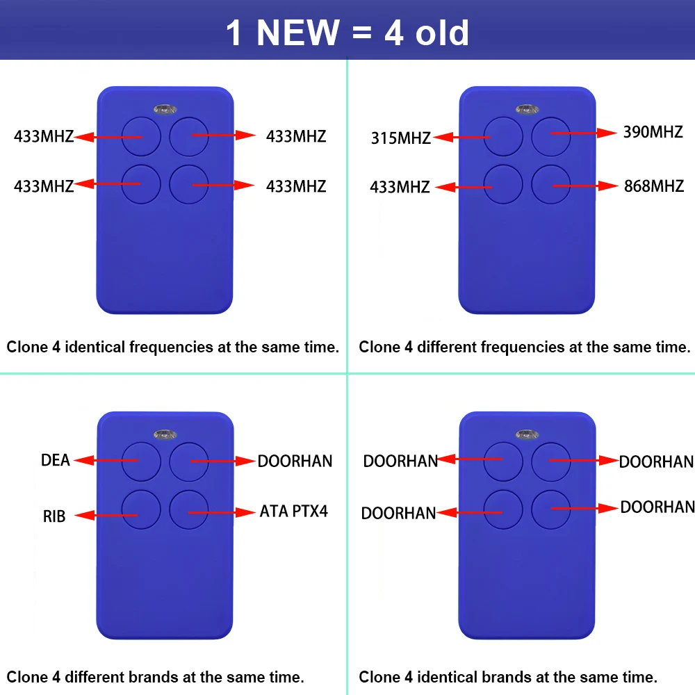 Garage Door Remote Control Clone Multi Frequency 300 310 315 330 390 433 433.42 434.42 868 868.3 868.35 MHz Rolling Code