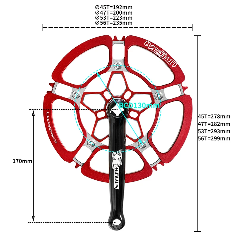 MEIJUN Folding Bike Crankset Integrated Single 130BCD 170mm Crank Chainring 45T 47T 53T 56T For BMX Bicycle Parts