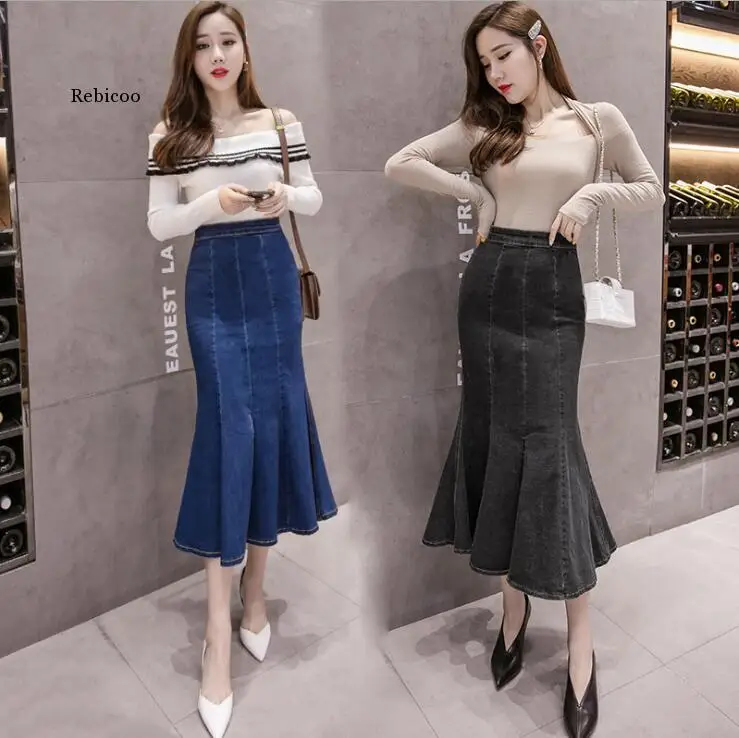 New 2021 Fish Tail Denim Skirt Women Mid-Calf Mermaid Trumpet Long Skirt Ruffles Zipper Empire High Waist Jeans Stretchy