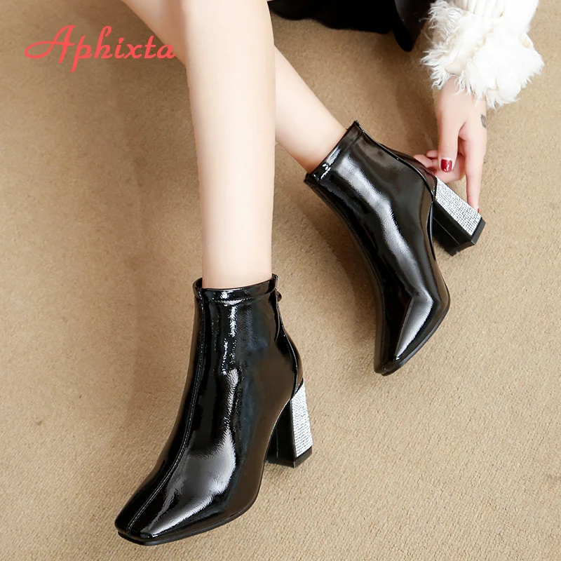 Aphixta Back Zipper Shoes Women Boots Crystal Square Heel Ankle Boots For Women Botines Mujer Ladies Shoes Fashion Woman Shoes