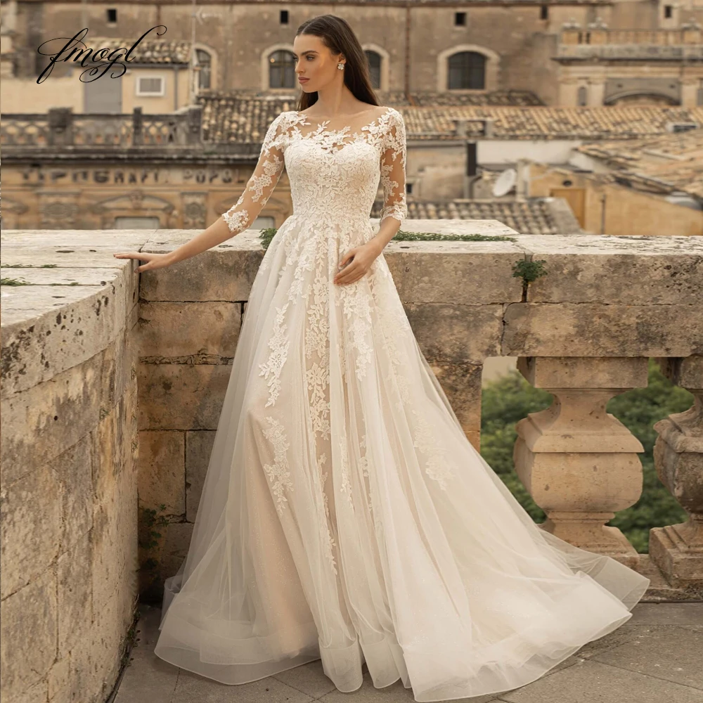 

Fmogl Vestidos De Noiva, кружевное винтажное свадебное платье три четверти, сексуальное платье невесты с иллюзией и аппликацией, скользящим шлейфом