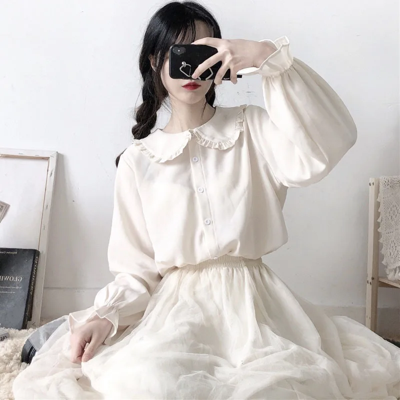 

Japanese College Peter Pan Collar Blouse for Wome Apricot White Shirt Lolita JK Top Vintage Victorian Shirt, Preppy Style, Girl