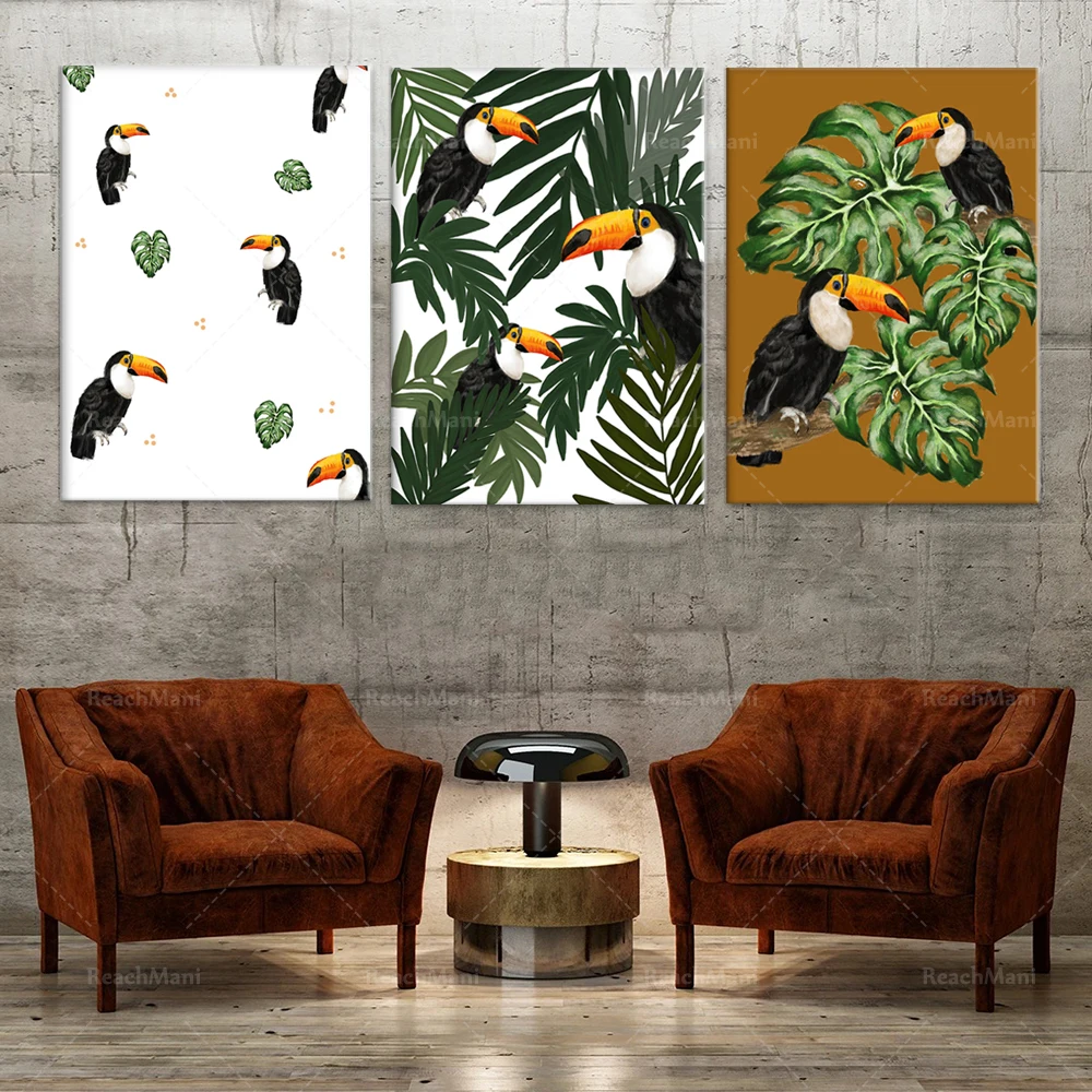 طباعة فنية من الطوقان، طباعة الطيور، موضوع استوائي، ملصق تزيين فني جدار المكتب