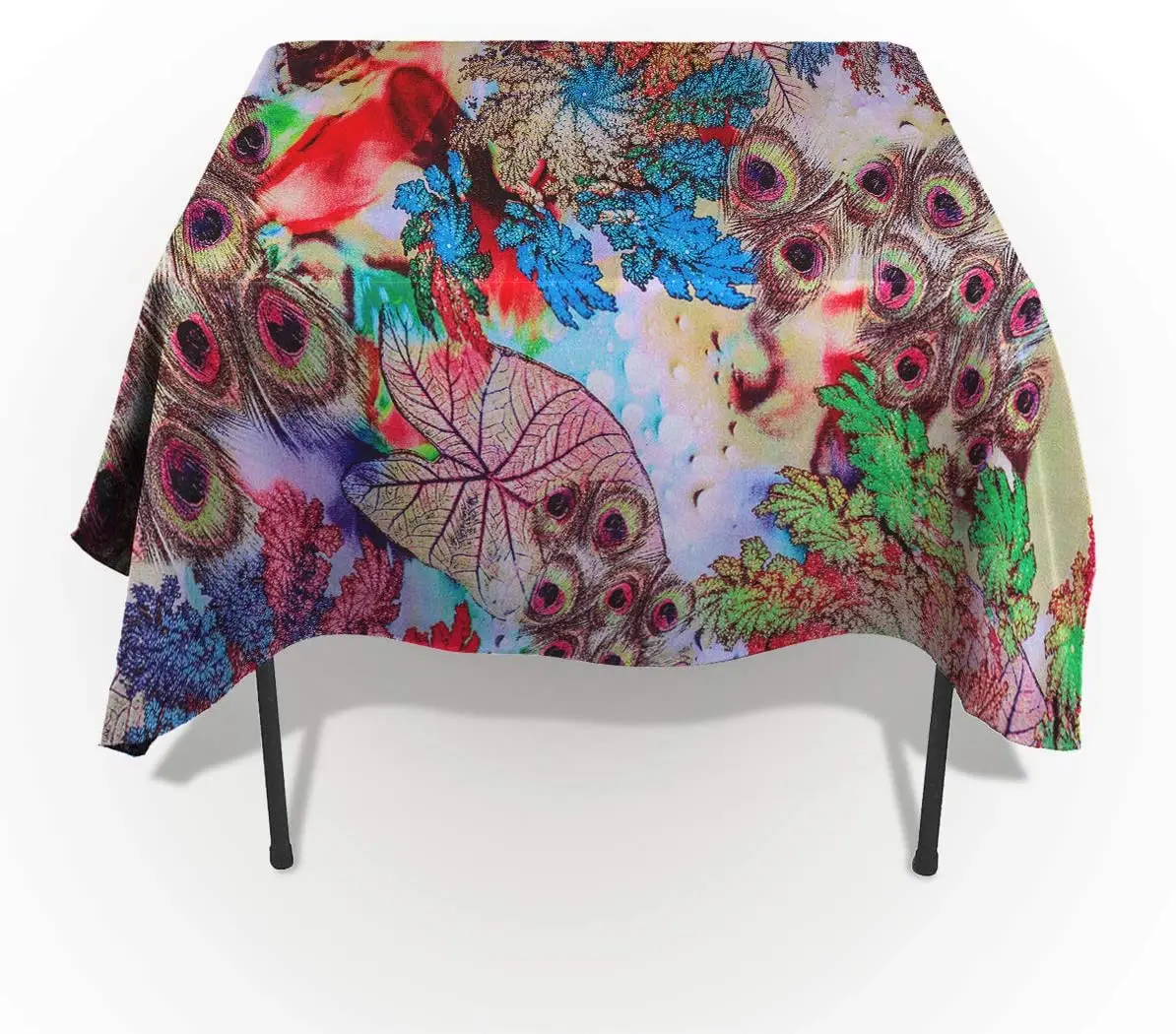 

Colorful Decorative Floral with Peacock Feather and Leaves Print Table Cloth