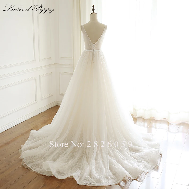 Vestido de Noiva Women's Shiny A-line Lace Wedding Dresses V-neck Sleeveless Floor Length Bridal Gowns Chapel Train