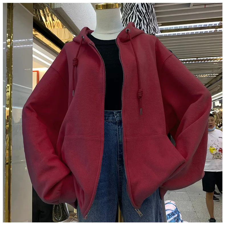 Zip-up Women Korean Style hoodies Vintage Solid Color Long Sleeve Oversized Hooded Sweatshirt Lady Women Casual Coats NS4664