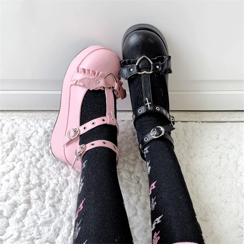 Platform Lolita Kawaii Anime Girls PU Shoes Bowknot Demon Dark Goth Punk Devilian Little Bat Style Loli Cosplay High Heel 5cm