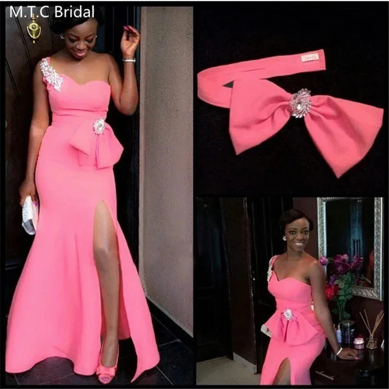 Hot Pink Mermaid African Bridesmaid Dresses With Bow One Shoulder Side Slit Plus Size Maid Of Honor Wedding Party Dress