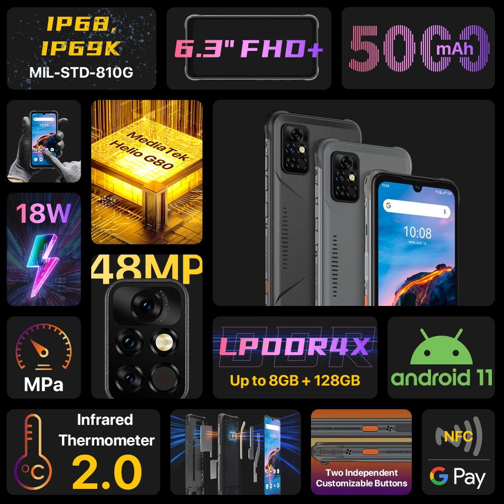 UMIDIGI-BISON Pro, versión Global teléfono inteligente, NFC, 128GB, IP68/IP69K, Helio G80, cámara de 48MP, pantalla FHD de 6,3 pulgadas, 5000mAh, en