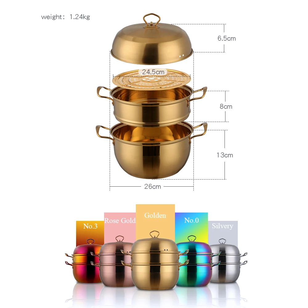 3 layers Steamer Pot Stainless Steel Steamer Cooker Gold Cookware Boiler Tools Soup Pot Cooking Pots for Cooker Gas Stove