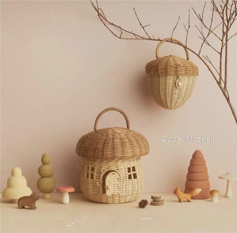 Nordic children bag small house handbag children mushroom rattan bag small basket 25x25cm